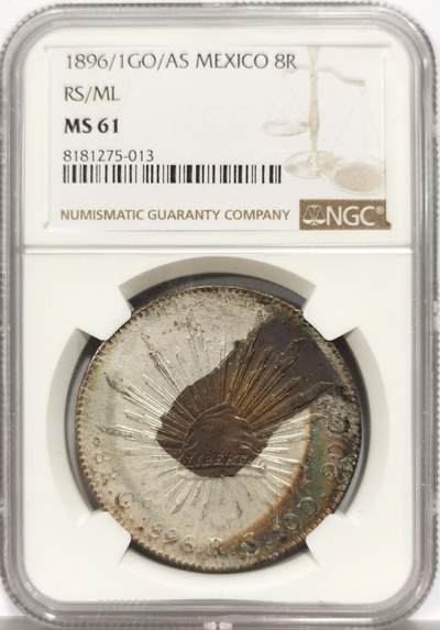 博洋堂“生趣盎然”4月精品专场暨第169期（全场包邮） NGC MS61 墨西哥1896/1年GO/AS RS/ML版花边鹰洋，罕见年份、厂别、鉴定师三骑字版，双面极美梦幻五彩包浆