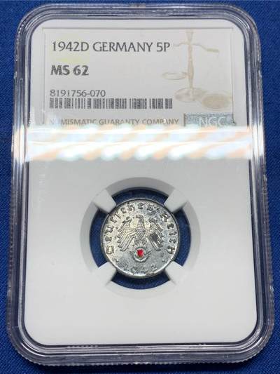 《竞宝斋》第474场 周日，周一 2场连拍 （全场包邮）欢迎送拍 - NGC MS62 德国二战1942年D厂5芬尼