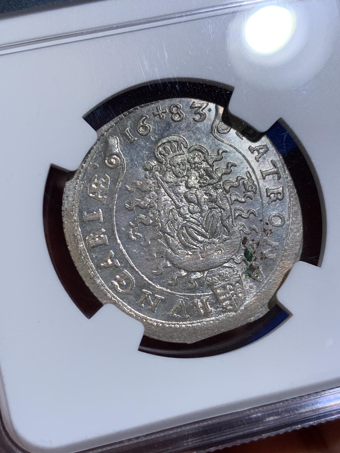 《竞宝斋》第474场 周日，周一 2场连拍 （全场包邮）欢迎送拍 NGC MS65 神圣罗马帝国1683年利奥波德一世15克鲁泽银币 无与伦比的光泽和顶尖分数，状态极佳，银霜满满，匈牙利厂圣母抱婴，亚军分，更高分仅1枚。