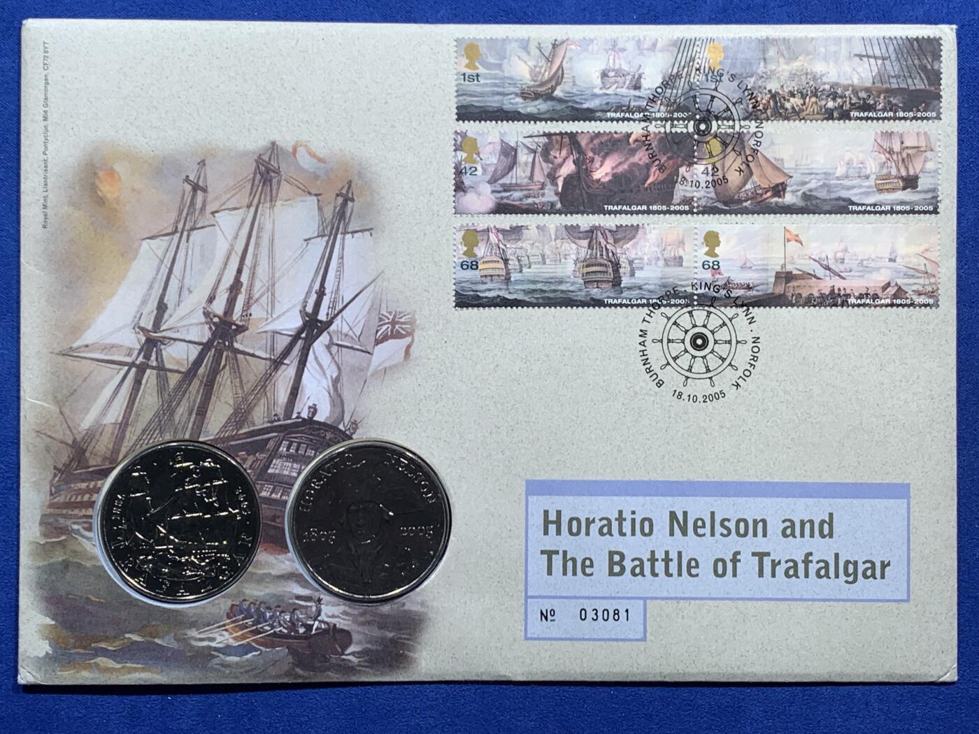 《竞宝斋》第474场 周日，周一 2场连拍 （全场包邮）欢迎送拍 英国2005年为纪念纳尔逊将军逝世及特拉法尔加海战200周年而发行的邮币封，含两枚5镑纪念币。