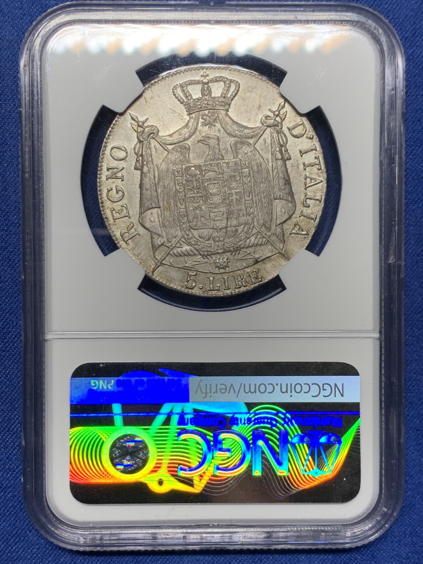 《竞宝斋》第474场 周日，周一 2场连拍 （全场包邮）欢迎送拍 NGC UNCD 拿破仑一世1810年意大利王国5里拉银币