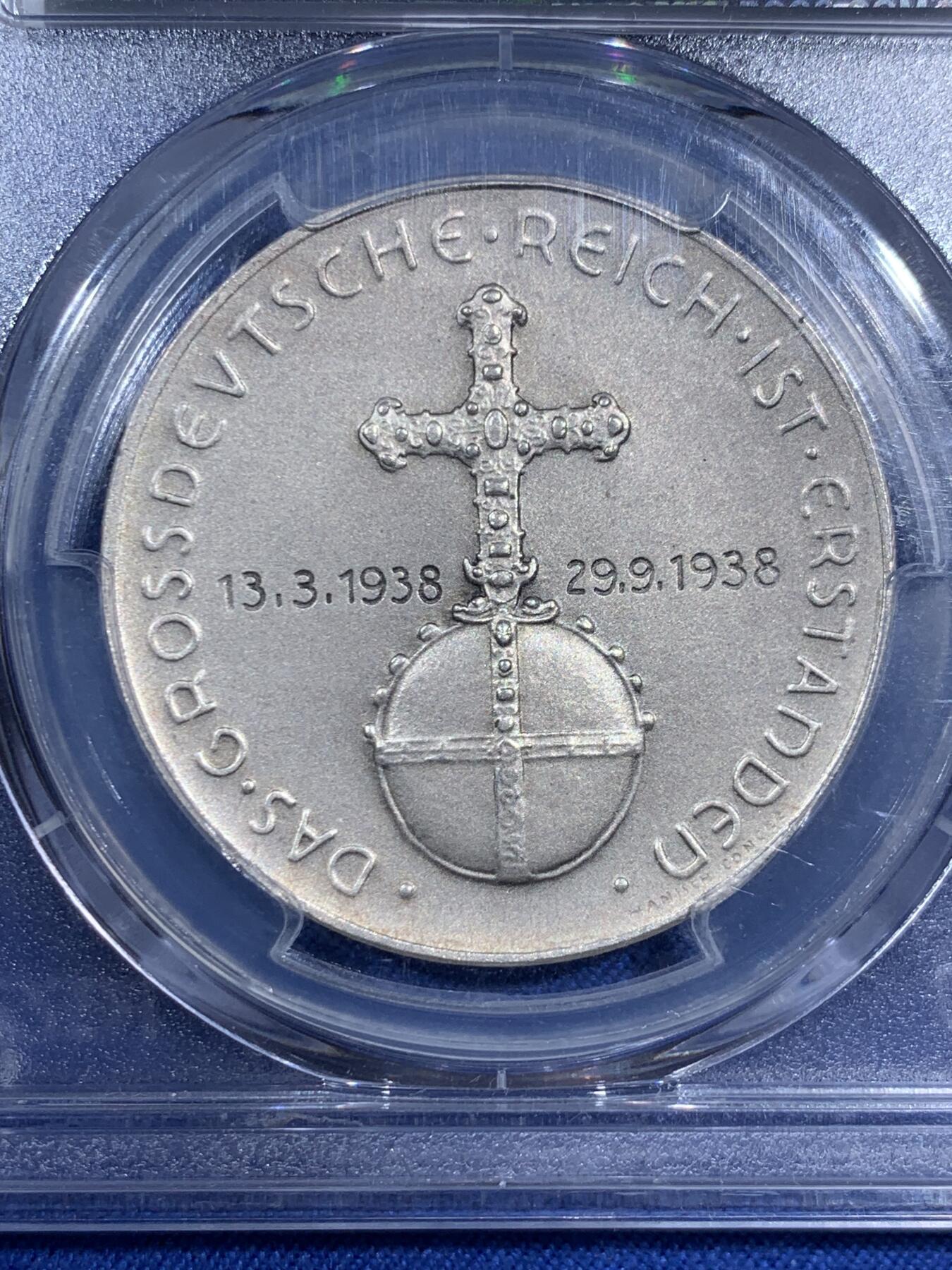 《竞宝斋》第474场 周日，周一 2场连拍 （全场包邮）欢迎送拍 PCGS SP65 德国第三帝国 1938年 元首吞并奥地利纪念银章 官网广告币 崭新出厂