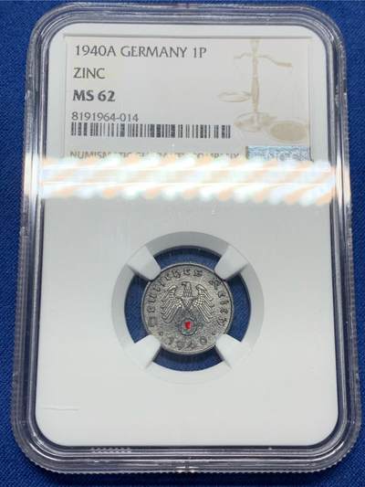 《竞宝斋》第474场 周日，周一 2场连拍 （全场包邮）欢迎送拍 - NGC MS62 德国二战1940年A厂1芬尼
