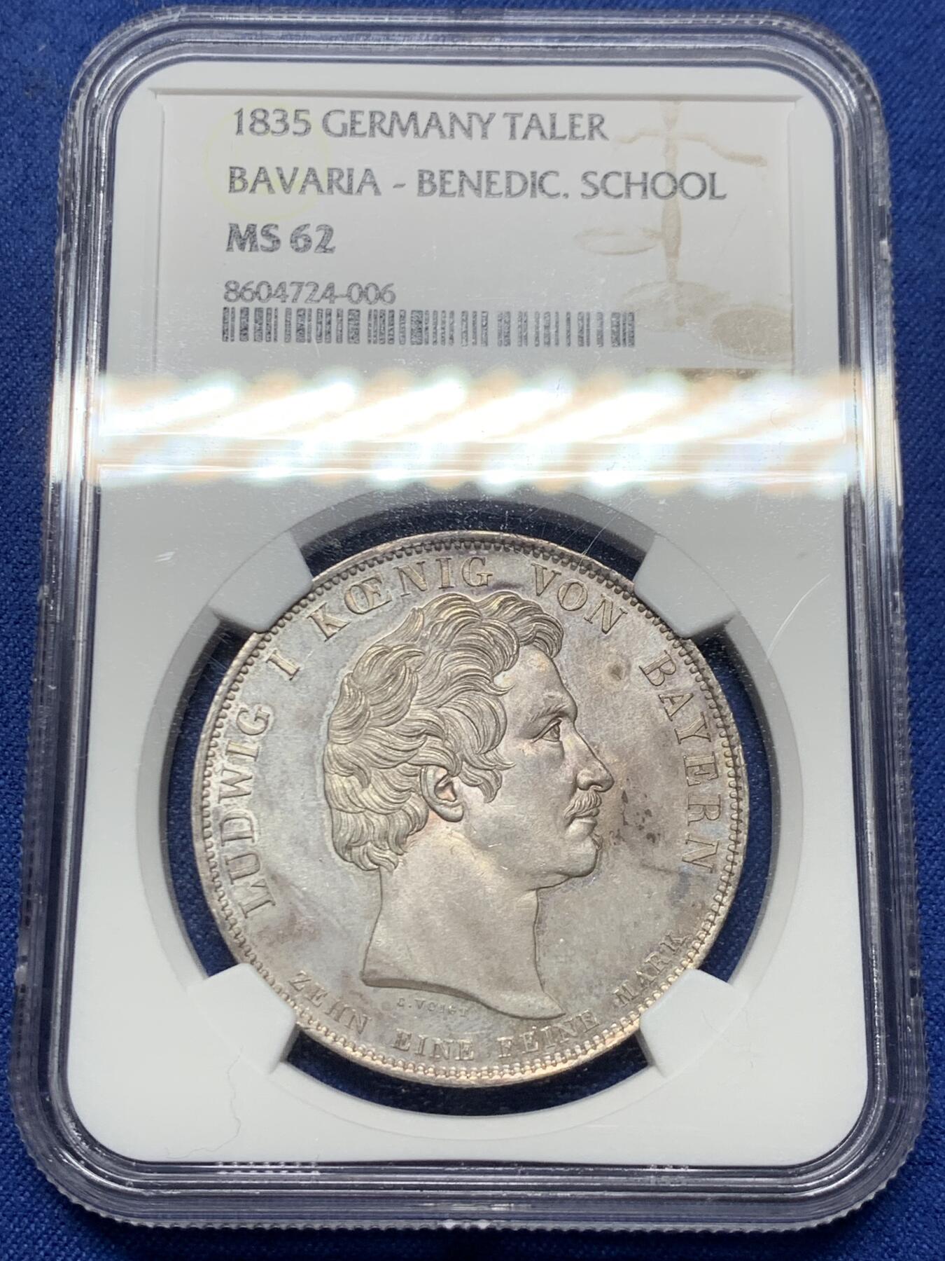 《竞宝斋》第474场 周日，周一 2场连拍 （全场包邮）欢迎送拍 NGC MS62 德国 1835 巴伐利亚 本笃会学校纪念泰勒  细节底板都非常好 比起普通MS更值得入藏