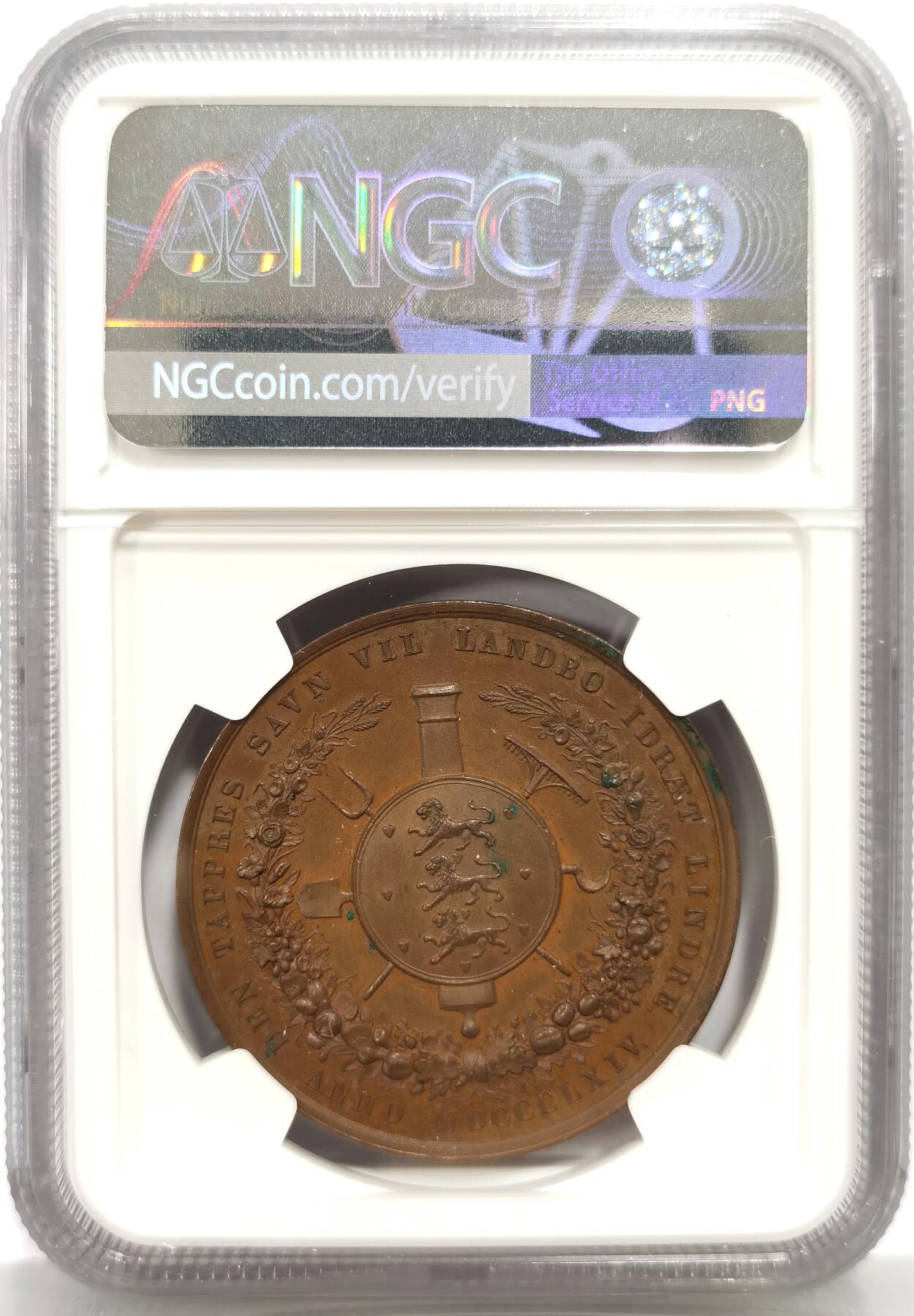 博洋堂“芳菲春韵”3月精品大拍专场暨第166期（全场包邮） NGC MS63BN 丹麦1864年农业运动纪念铜章，正面是丹麦国王克里斯蒂安九世，纪念当年的农业体育赛事，38mm