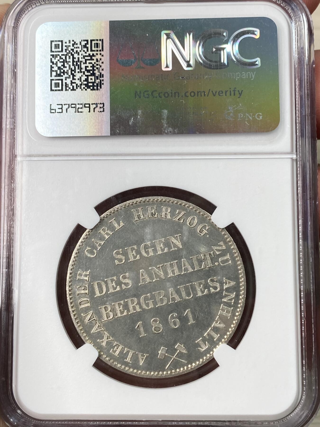 万国钱币拍卖第063期 NGC MS62PL 1861年德国安哈尔特-贝恩堡小熊流通矿业泰勒 发行量仅1万枚 全熊毛类镜面喷砂质感PROOF LIKE极其罕见 NGC唯一亚军分 不可多得的一枚顶级品质小熊