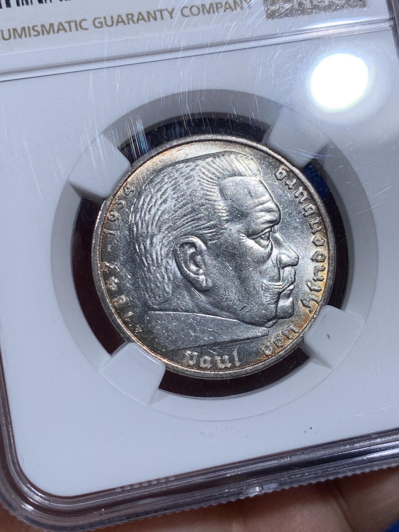 《竞宝斋》第474场 周日，周一 2场连拍 （全场包邮）欢迎送拍 NGC MS62 德国1939A兴登堡头像5马克银币