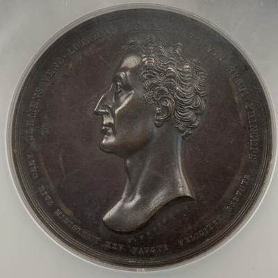 掌中浮雕-藏着的欧洲第056场 - NGC AU58 ：1834年奥地利著名外交家克莱门斯·冯·梅特涅担任部长职务25周年纪念铜章，55mm