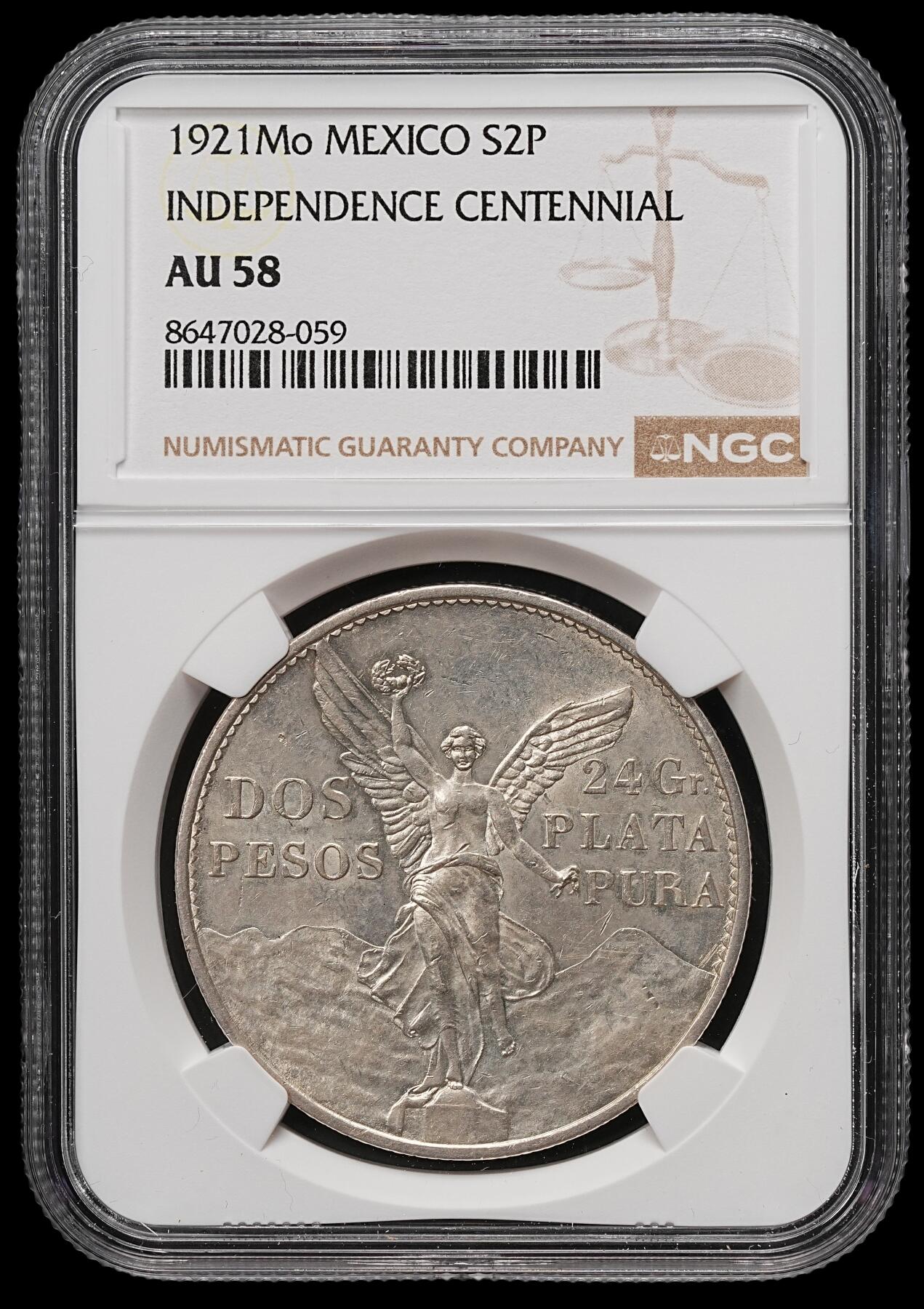 修遠堂世界钱币第109期 NGC AU58 1921年墨西哥2比索 “独立百年” 胜利女神鹰洋大银币