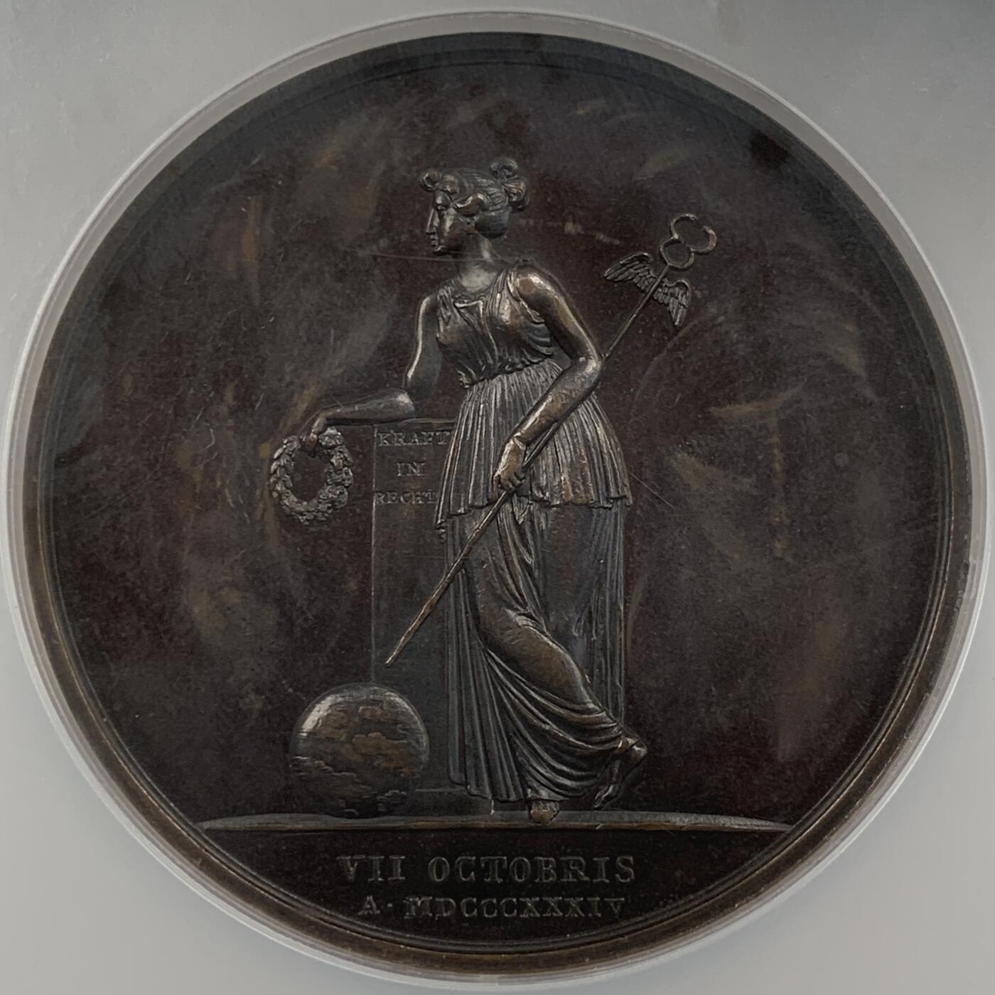 掌中浮雕-藏着的欧洲第056场 NGC AU58 ：1834年奥地利著名外交家克莱门斯·冯·梅特涅担任部长职务25周年纪念铜章，55mm