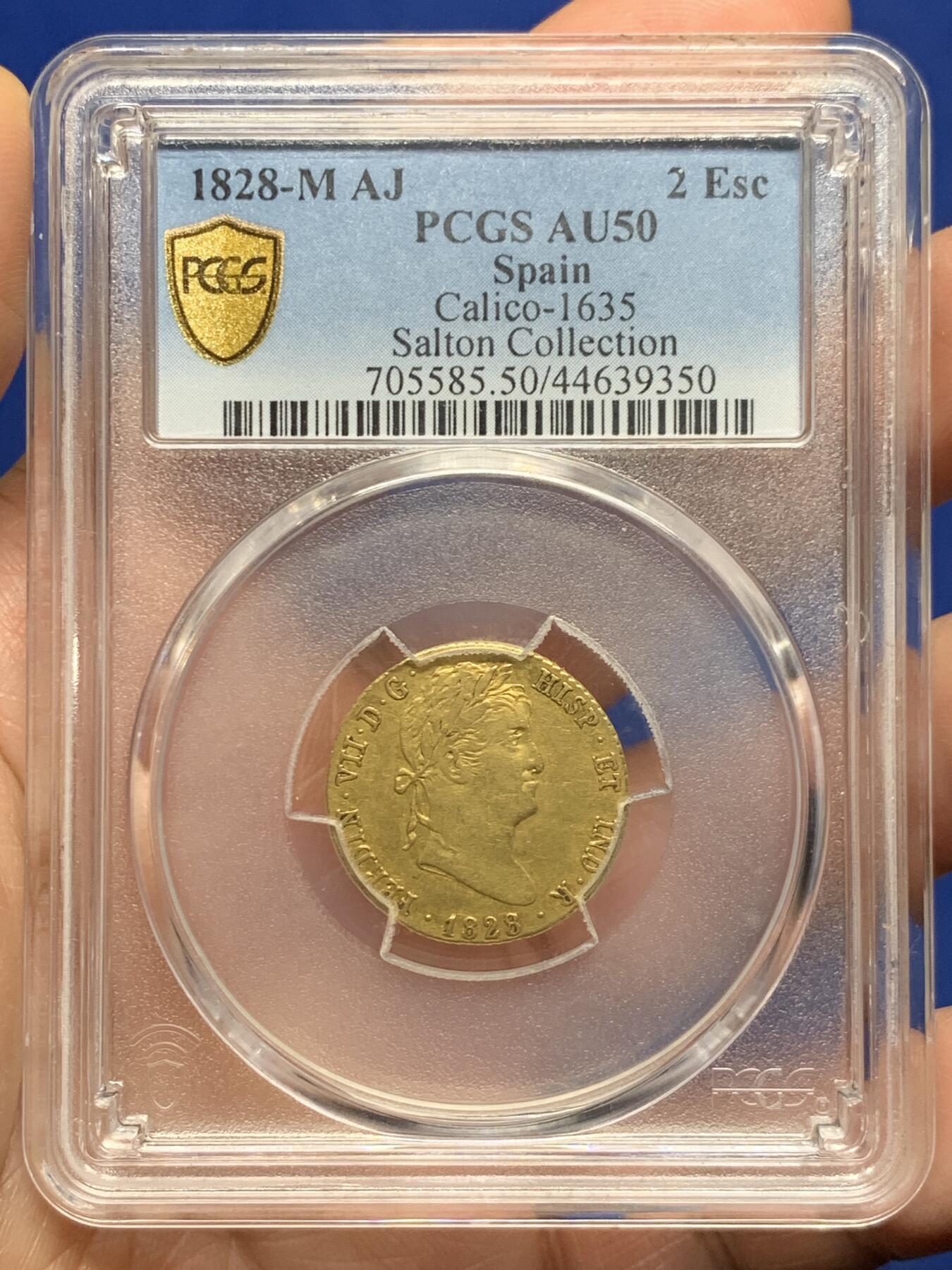 《竞宝斋》第474场 周日，周一 2场连拍 （全场包邮）欢迎送拍 PCGS AU50 唯一冠军分，salton旧藏，1828年，费尔南多七世，西班牙本土 马德里铸，875金，6.7克，2埃斯库多金币