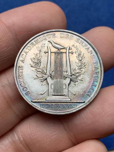 《竞宝斋》第474场 周日，周一 2场连拍 （全场包邮）欢迎送拍 - 法国阿波罗之子音乐协会（1741年成立）纪念银章，蜜蜂ARGENT，10.12克，30mm