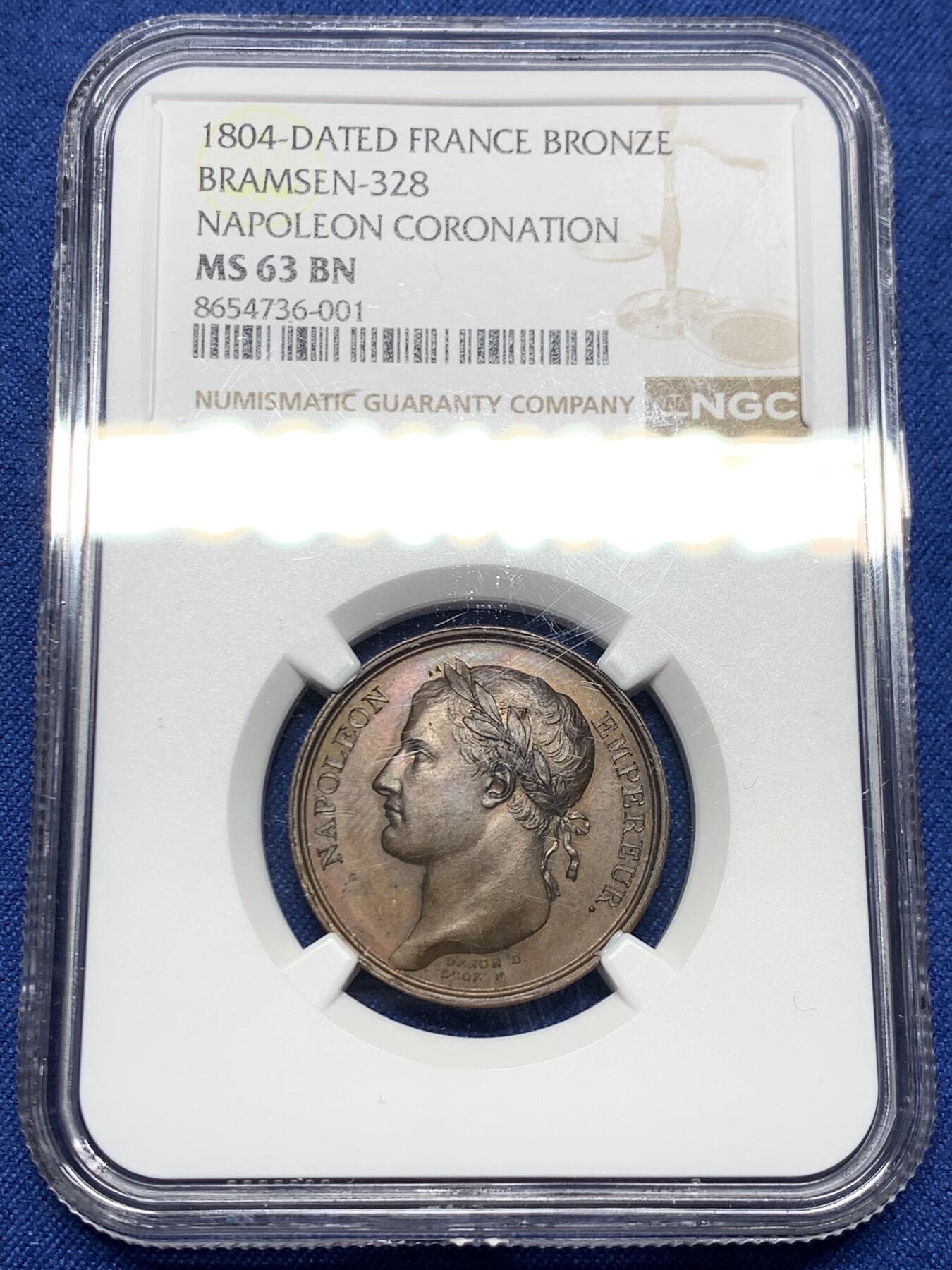 《竞宝斋》第474场 周日，周一 2场连拍 （全场包邮）欢迎送拍 NGC MS63BN 法国1804年拿破仑一世登基纪念章，少见款。