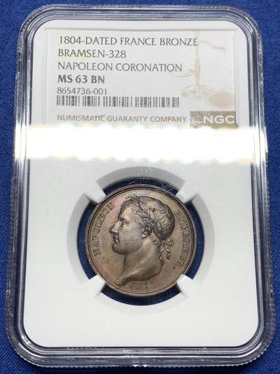 《竞宝斋》第474场 周日，周一 2场连拍 （全场包邮）欢迎送拍 - NGC MS63BN 法国1804年拿破仑一世登基纪念章，少见款。