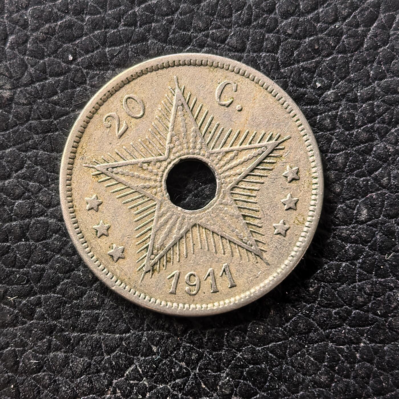 道一币馆币章第一百七十一场 比属刚果1911年20分铜镍币