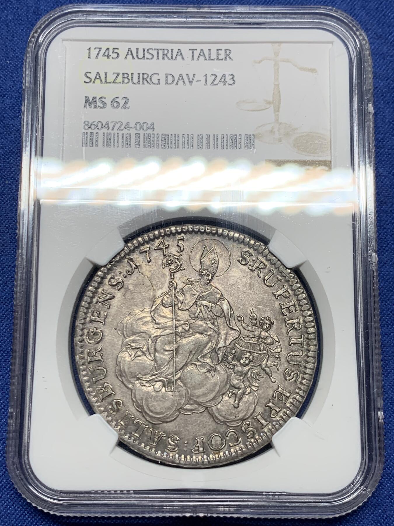 《竞宝斋》第474场 周日，周一 2场连拍 （全场包邮）欢迎送拍 冠军分 NGC MS62 萨尔茨堡大主教区 1745年 泰勒大银币 独年发行 2023HA 同城成交3.1W 主教区泰勒不可或缺的品种