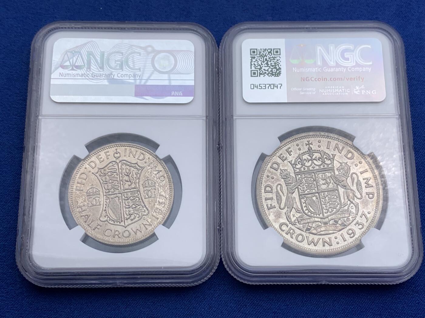 《竞宝斋》第474场 周日，周一 2场连拍 （全场包邮）欢迎送拍 11枚一组 含7枚银币 NGC PF62-65 英国1937年乔六首年1/4P-1克朗精制币