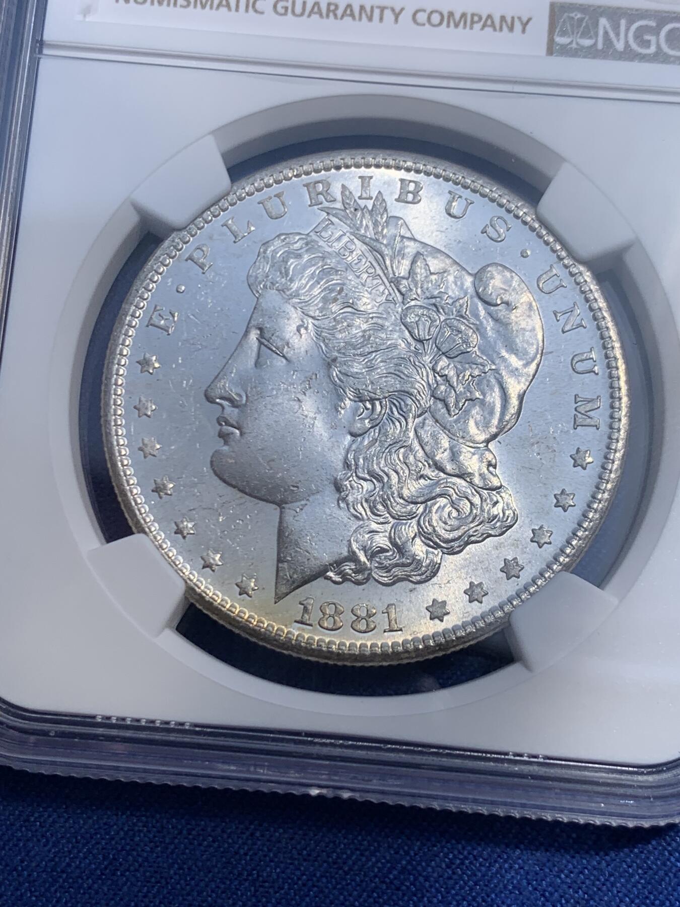 《竞宝斋》第474场 周日，周一 2场连拍 （全场包邮）欢迎送拍 NGC MS62 美国1881年摩根1美元银币