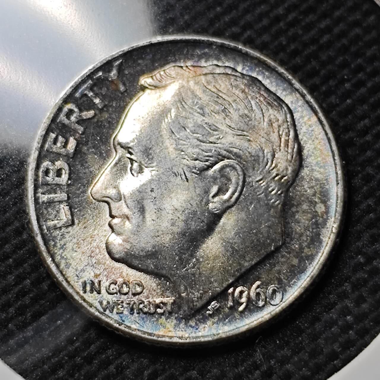 KK钱币收藏小铺   套币专场 2月预留时间 周末发货  1960美国10分银币 带黑彩漂亮 好品