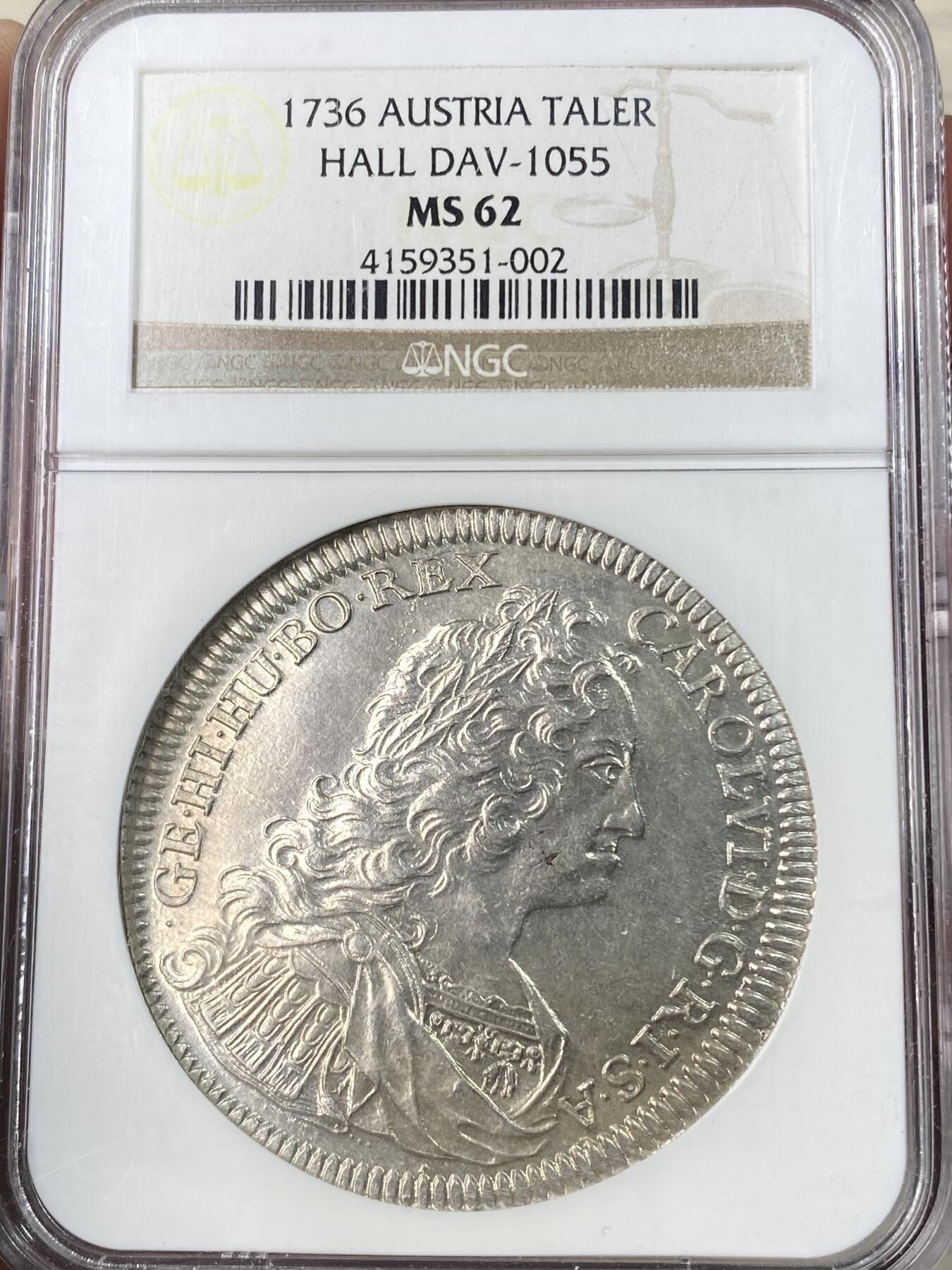 万国钱币拍卖第063期 NGC MS62 1736年神圣罗马帝国皇帝卡尔六世双头鹰大泰勒 哈尔厂铸造 神罗经典品种全深打淡彩环绕 NGC老盒收藏级