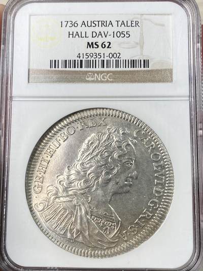万国钱币拍卖第063期 - NGC MS62 1736年神圣罗马帝国皇帝卡尔六世双头鹰大泰勒 哈尔厂铸造 神罗经典品种全深打淡彩环绕 NGC老盒收藏级