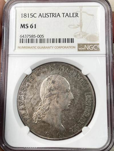 万国钱币拍卖第063期 - NGC MS61 1815年奥地利帝国弗朗茨一世双头鹰大泰勒 熟美欧陆酱五彩包浆环绕打制极佳收藏级品质