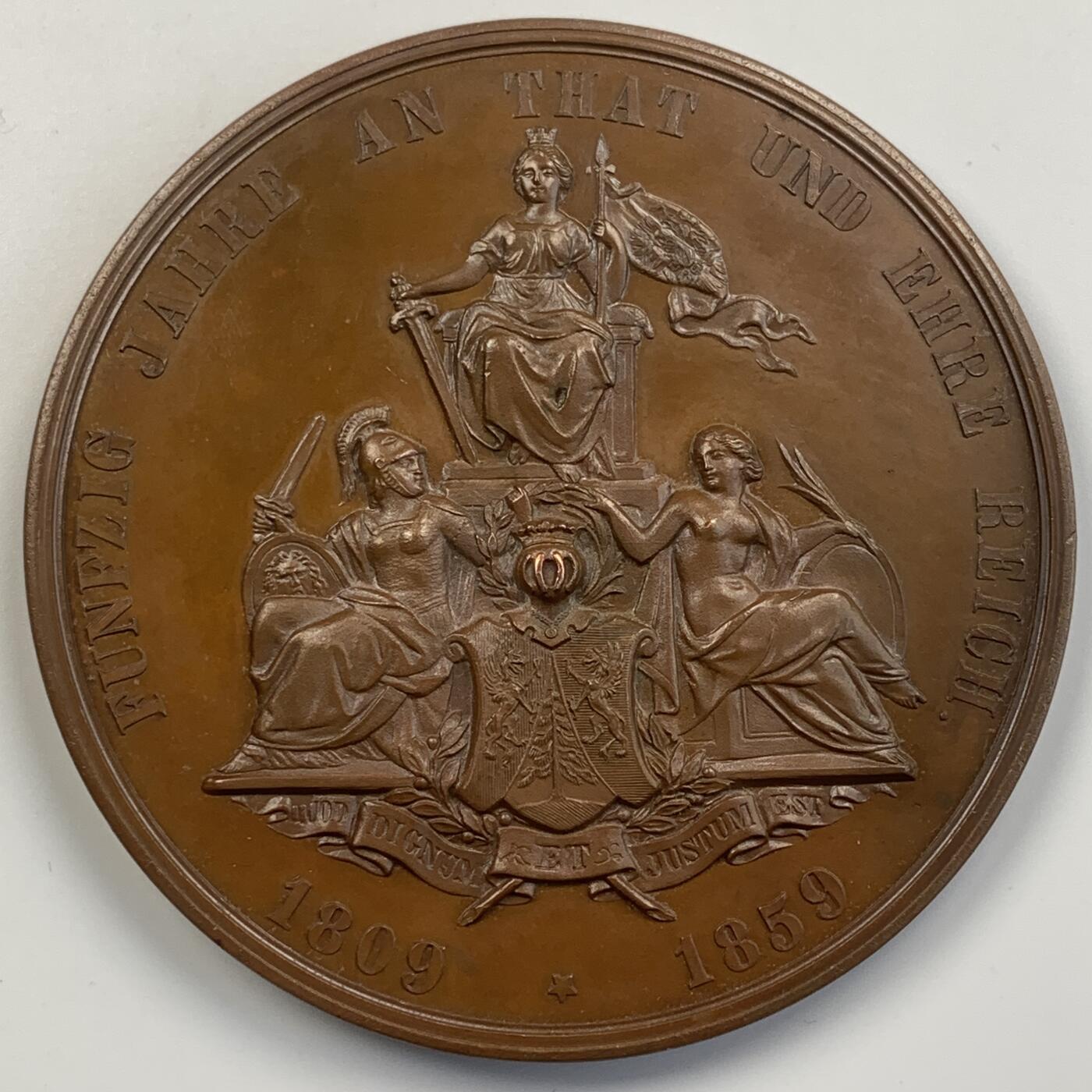 掌中浮雕-藏着的欧洲第056场 1859年奥地利元帅约翰·肯彭服役50周年铜章，80.5mm，Jauner雕刻，原盒