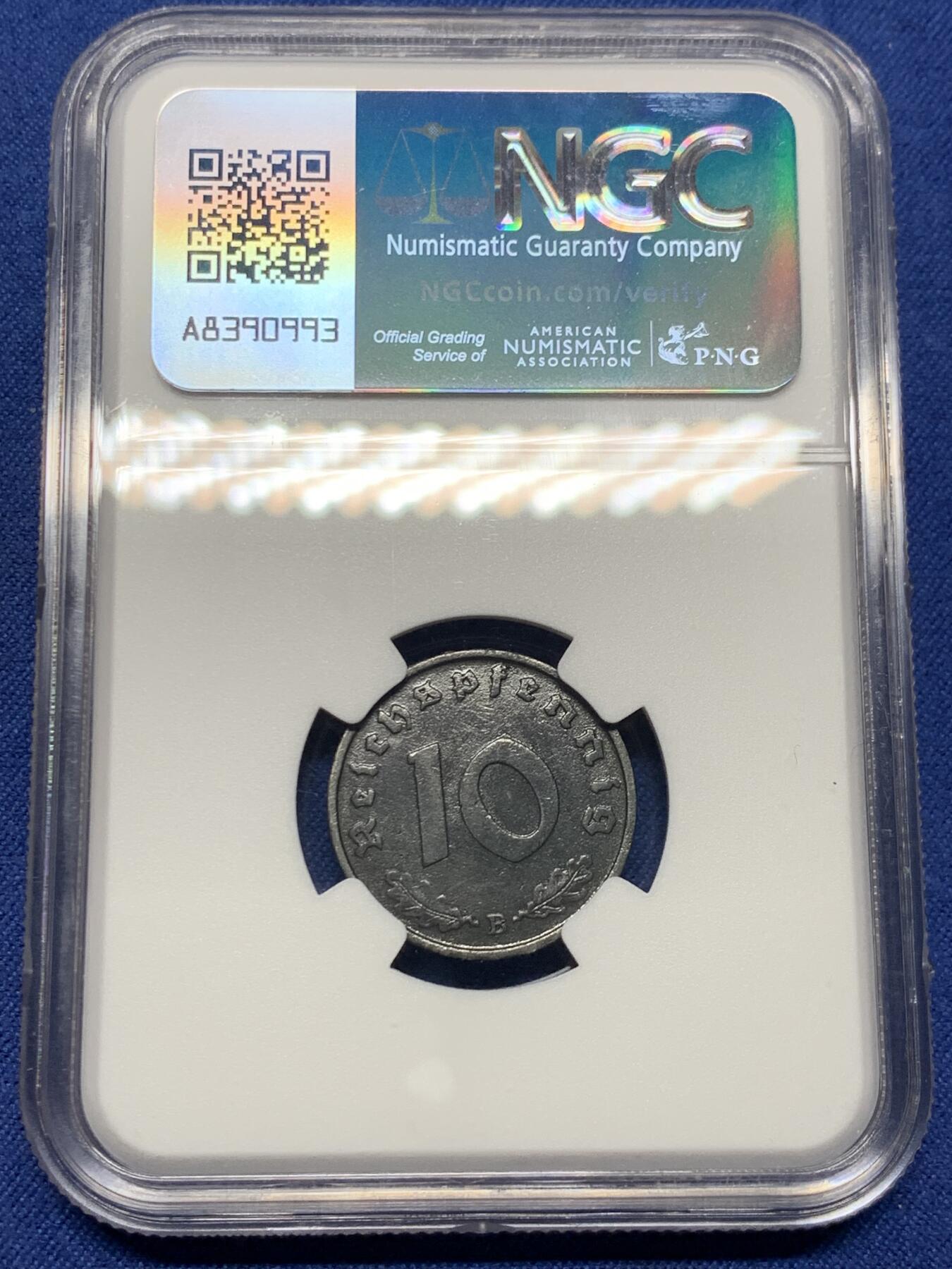 《竞宝斋》第474场 周日，周一 2场连拍 （全场包邮）欢迎送拍 NGC UNCD 德国二战1943年B厂10芬尼