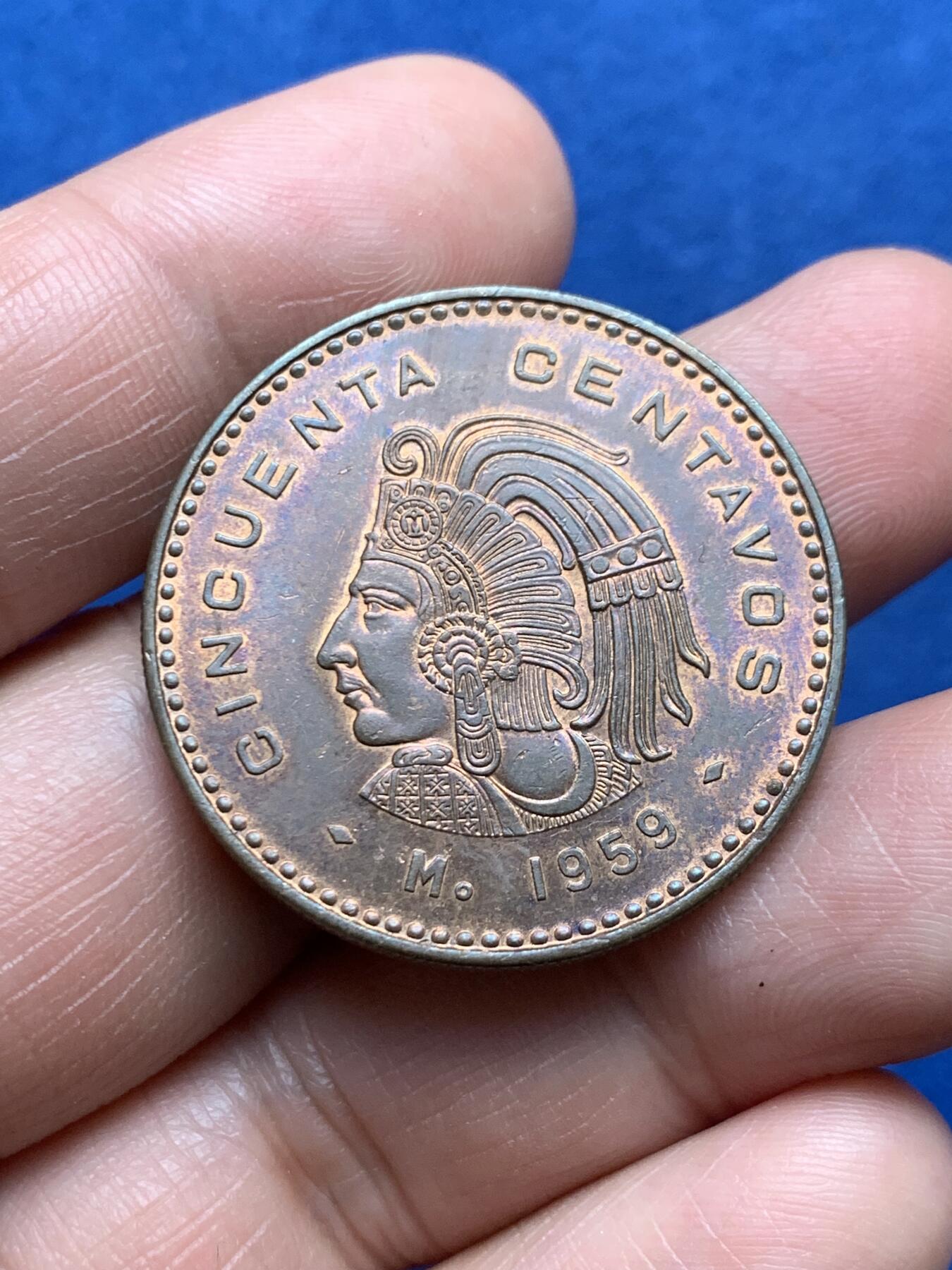 《竞宝斋》第474场 周日，周一 2场连拍 （全场包邮）欢迎送拍 墨西哥1959Mo大酋长50分铜币