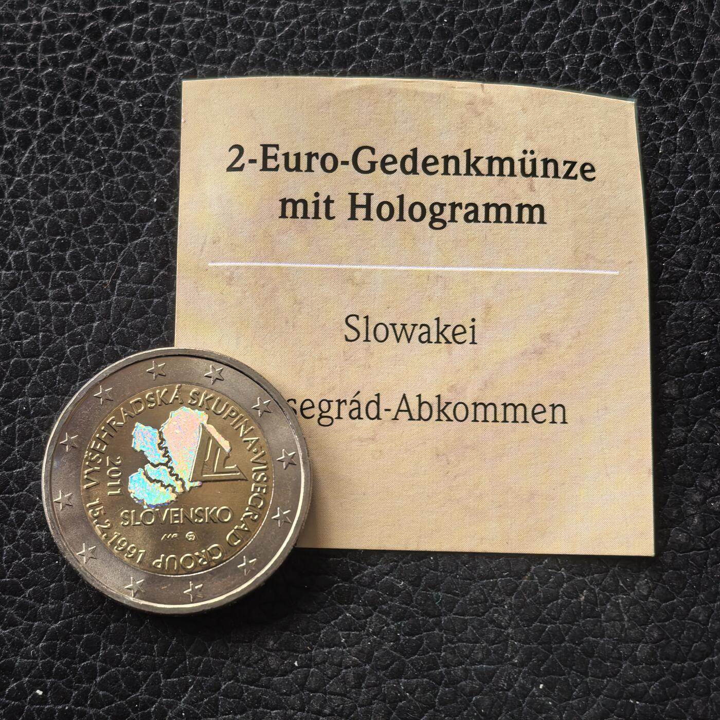 道一币馆币章第一百七十一场 带证书 斯洛伐克2011年维谢格拉德集团成立20周年2欧元纪念币 特殊幻彩镀层