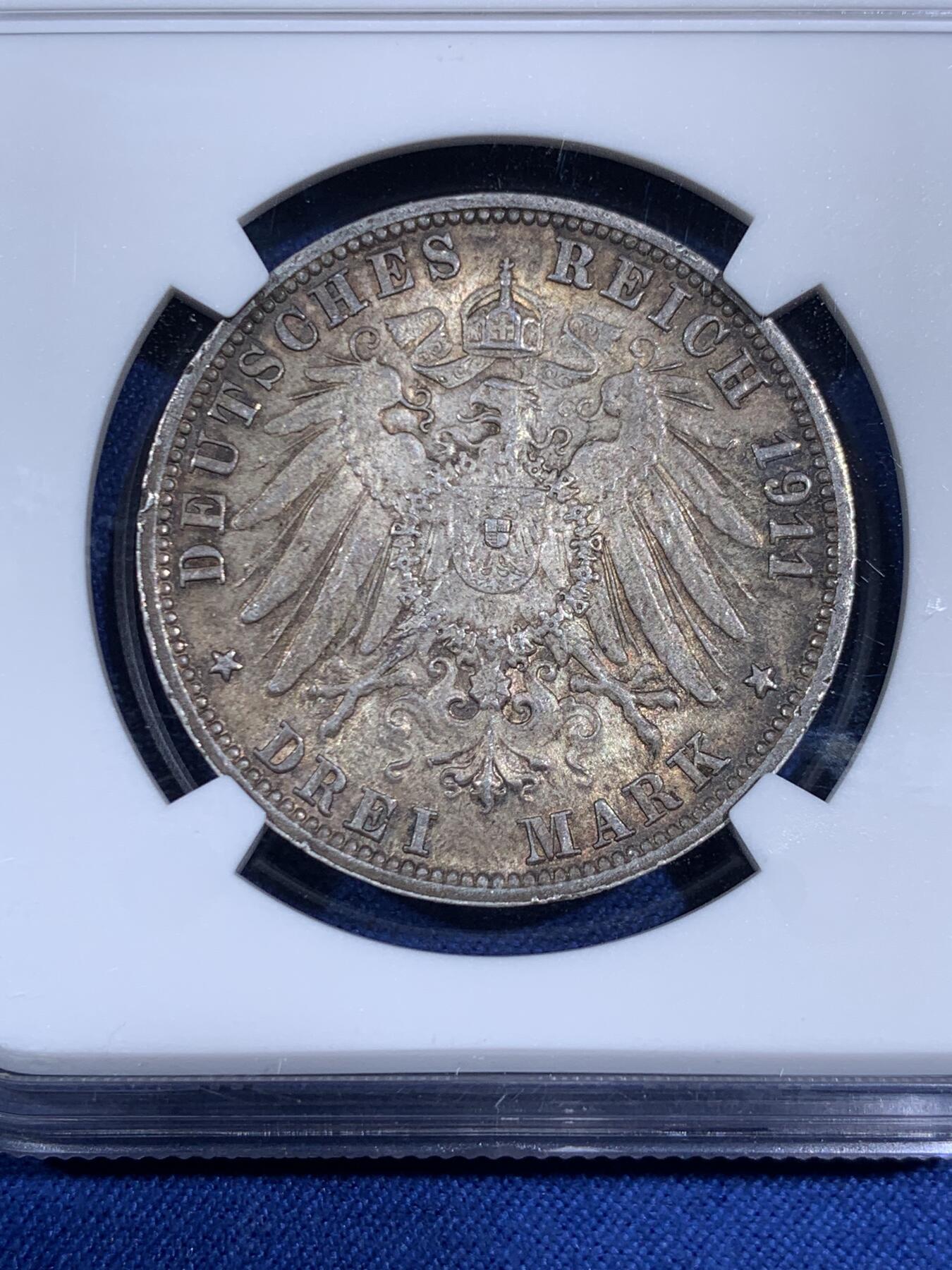 《竞宝斋》第474场 周日，周一 2场连拍 （全场包邮）欢迎送拍 NGC MS63 德国1911年符腾堡银婚3马克银币，双面均匀老包浆，转光好品。