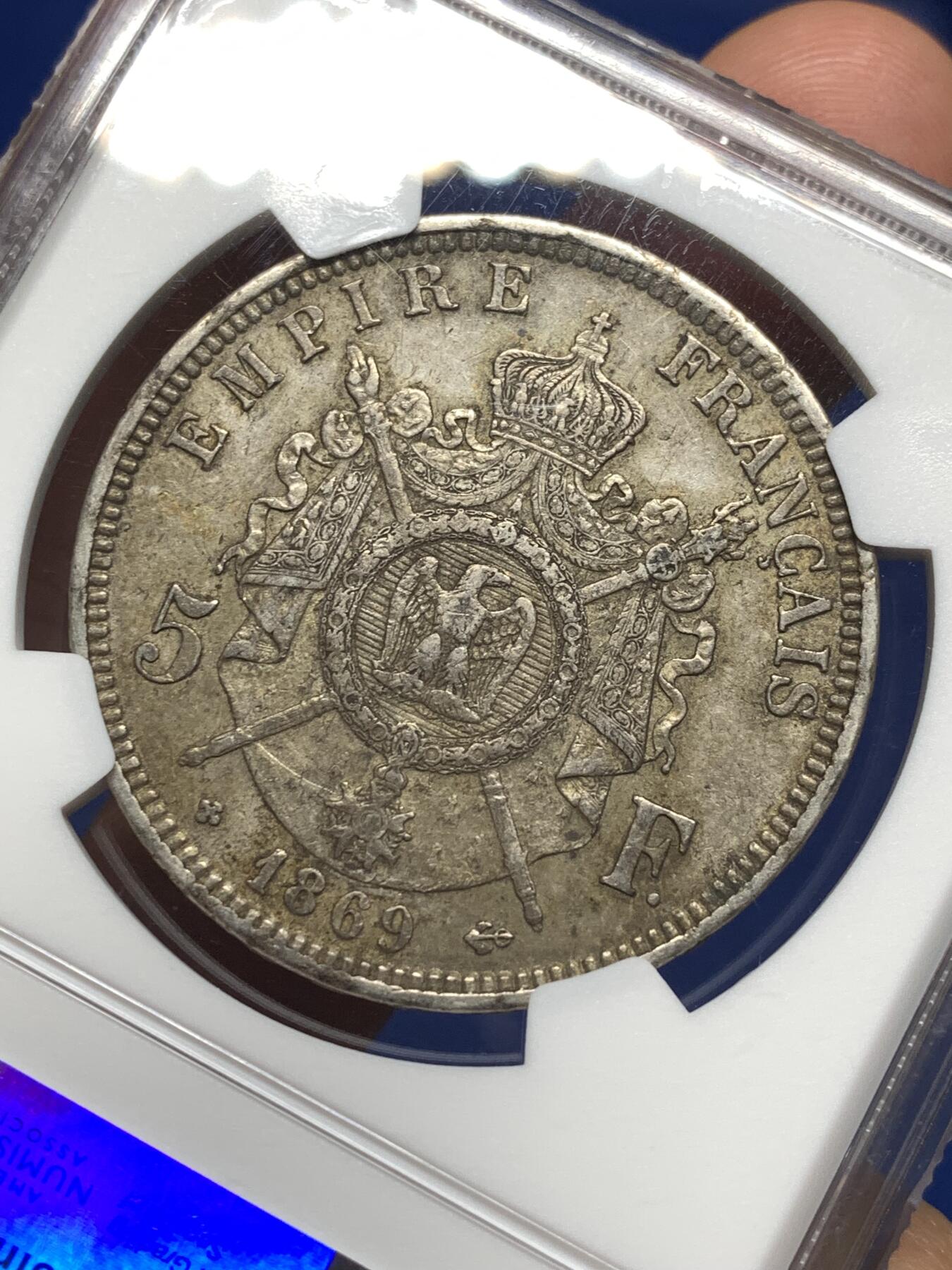 《竞宝斋》第474场 周日，周一 2场连拍 （全场包邮）欢迎送拍 NGC XF45 法国1869年BB厂拿破仑三世5法郎银币