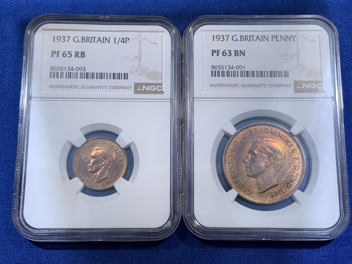 《竞宝斋》第474场 周日，周一 2场连拍 （全场包邮）欢迎送拍 11枚一组 含7枚银币 NGC PF62-65 英国1937年乔六首年1/4P-1克朗精制币