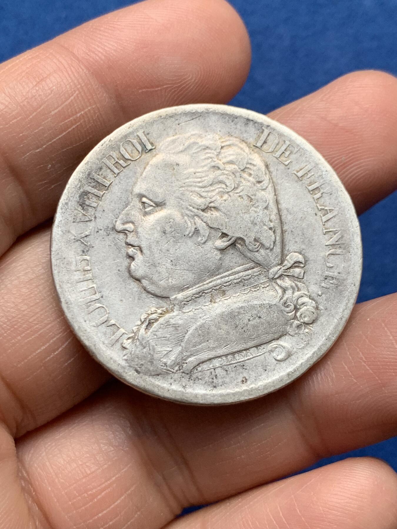 《竞宝斋》第474场 周日，周一 2场连拍 （全场包邮）欢迎送拍 法国1814年L版路易十八军装5法郎银币 巴约讷造币厂