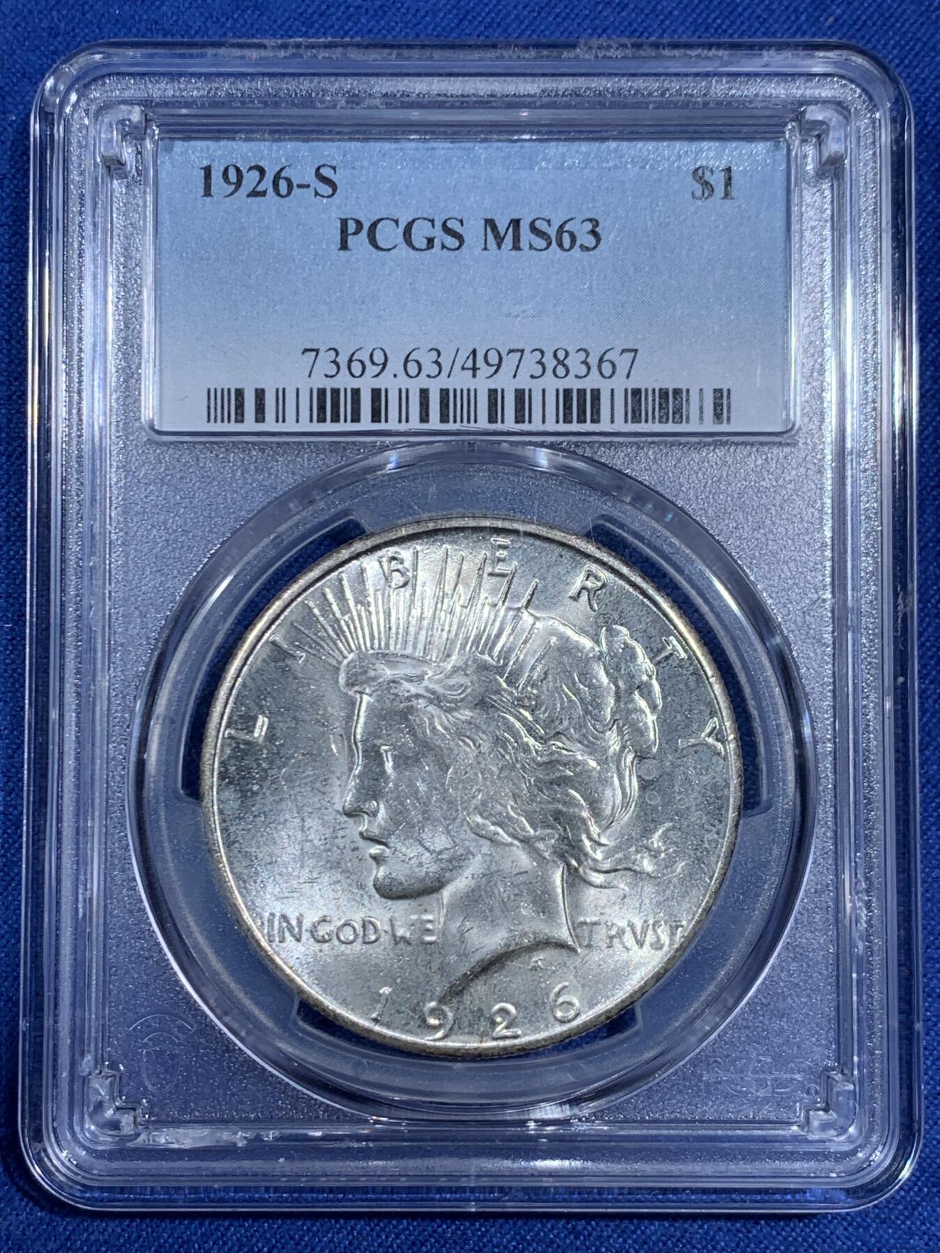 《竞宝斋》第474场 周日，周一 2场连拍 （全场包邮）欢迎送拍 PCGS MS63 美国1926 S 和平银币 稀有年份版别 中国市场少见 转光犀利 打制精细 值得收藏 盒子支撑有磕