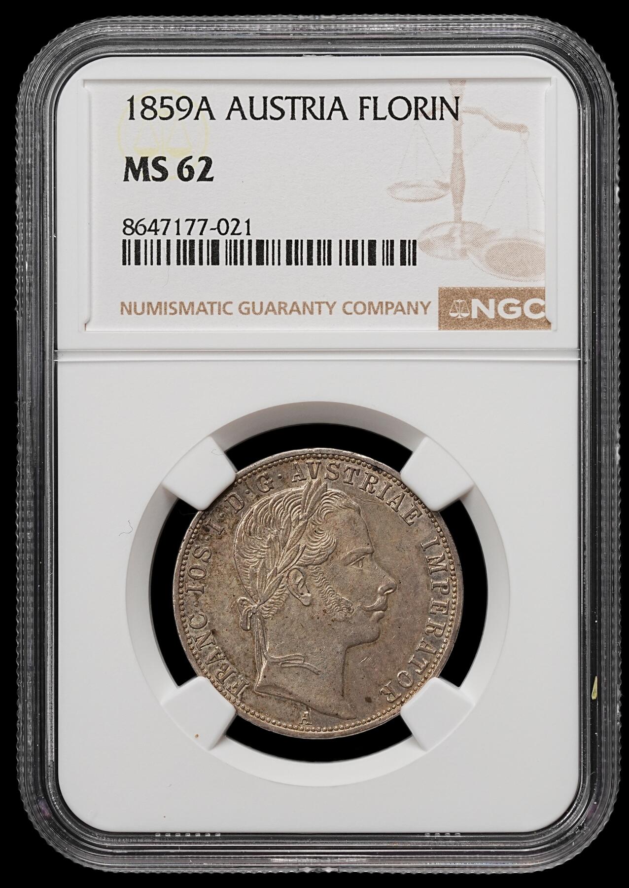 修遠堂世界钱币第109期 NGC MS62 1859年奥匈帝国-奥地利1弗罗林银币