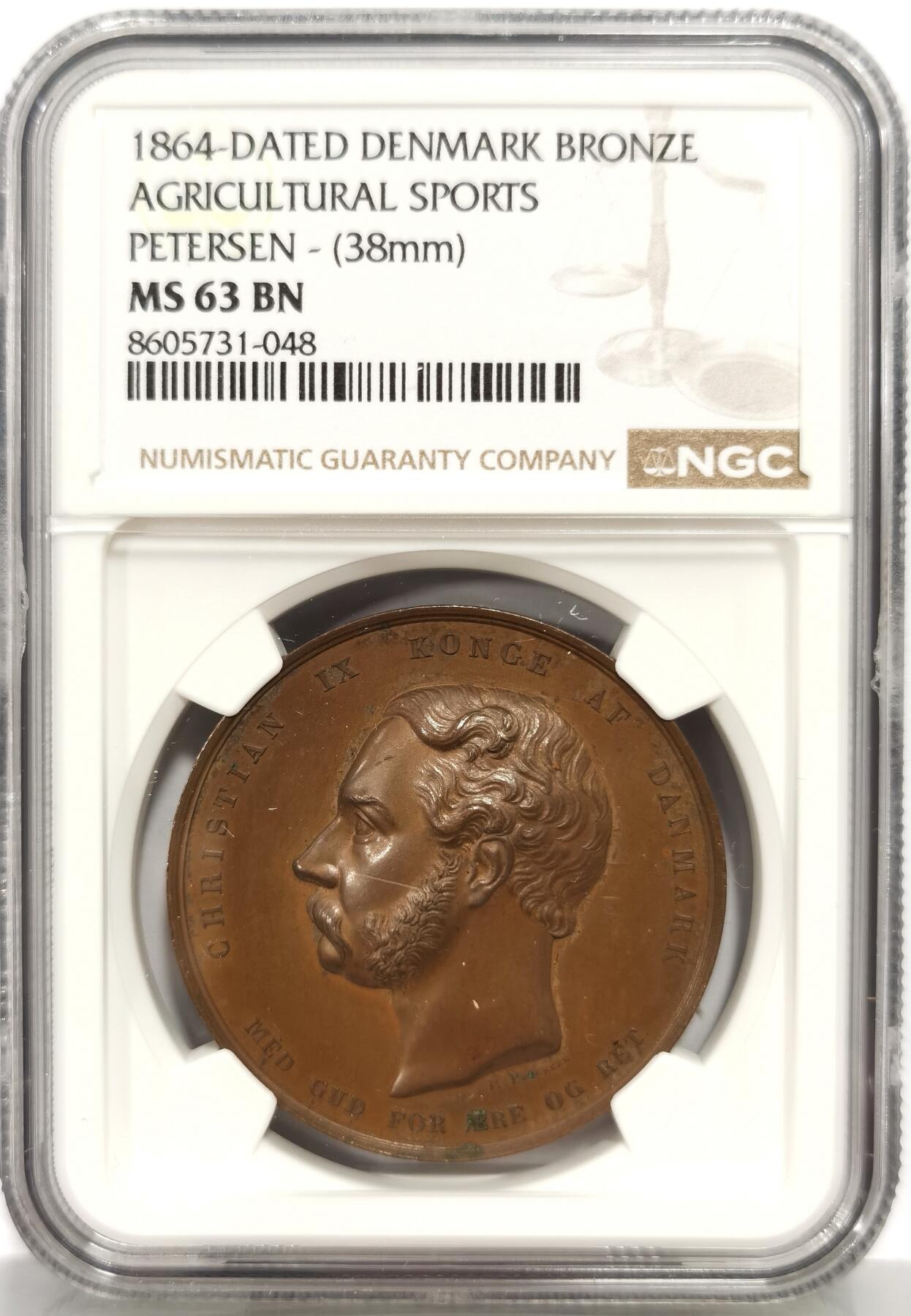 博洋堂“芳菲春韵”3月精品大拍专场暨第166期（全场包邮） NGC MS63BN 丹麦1864年农业运动纪念铜章，正面是丹麦国王克里斯蒂安九世，纪念当年的农业体育赛事，38mm