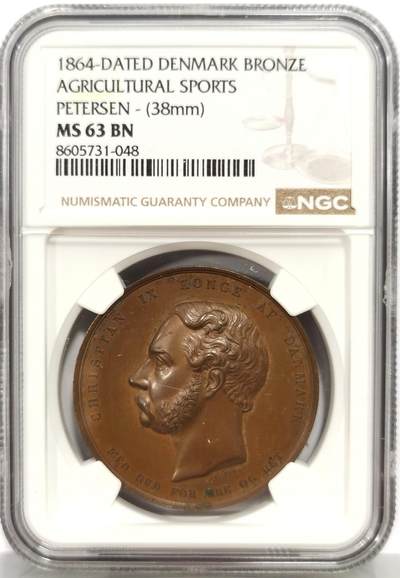 博洋堂“芳菲春韵”3月精品大拍专场暨第166期（全场包邮） - NGC MS63BN 丹麦1864年农业运动纪念铜章，正面是丹麦国王克里斯蒂安九世，纪念当年的农业体育赛事，38mm