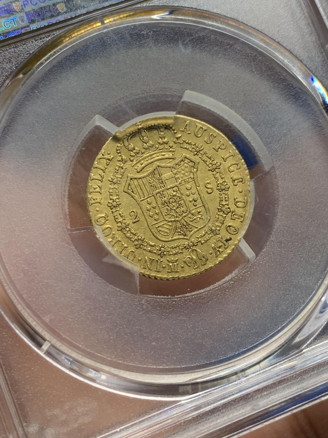 《竞宝斋》第474场 周日，周一 2场连拍 （全场包邮）欢迎送拍 PCGS AU50 唯一冠军分，salton旧藏，1828年，费尔南多七世，西班牙本土 马德里铸，875金，6.7克，2埃斯库多金币