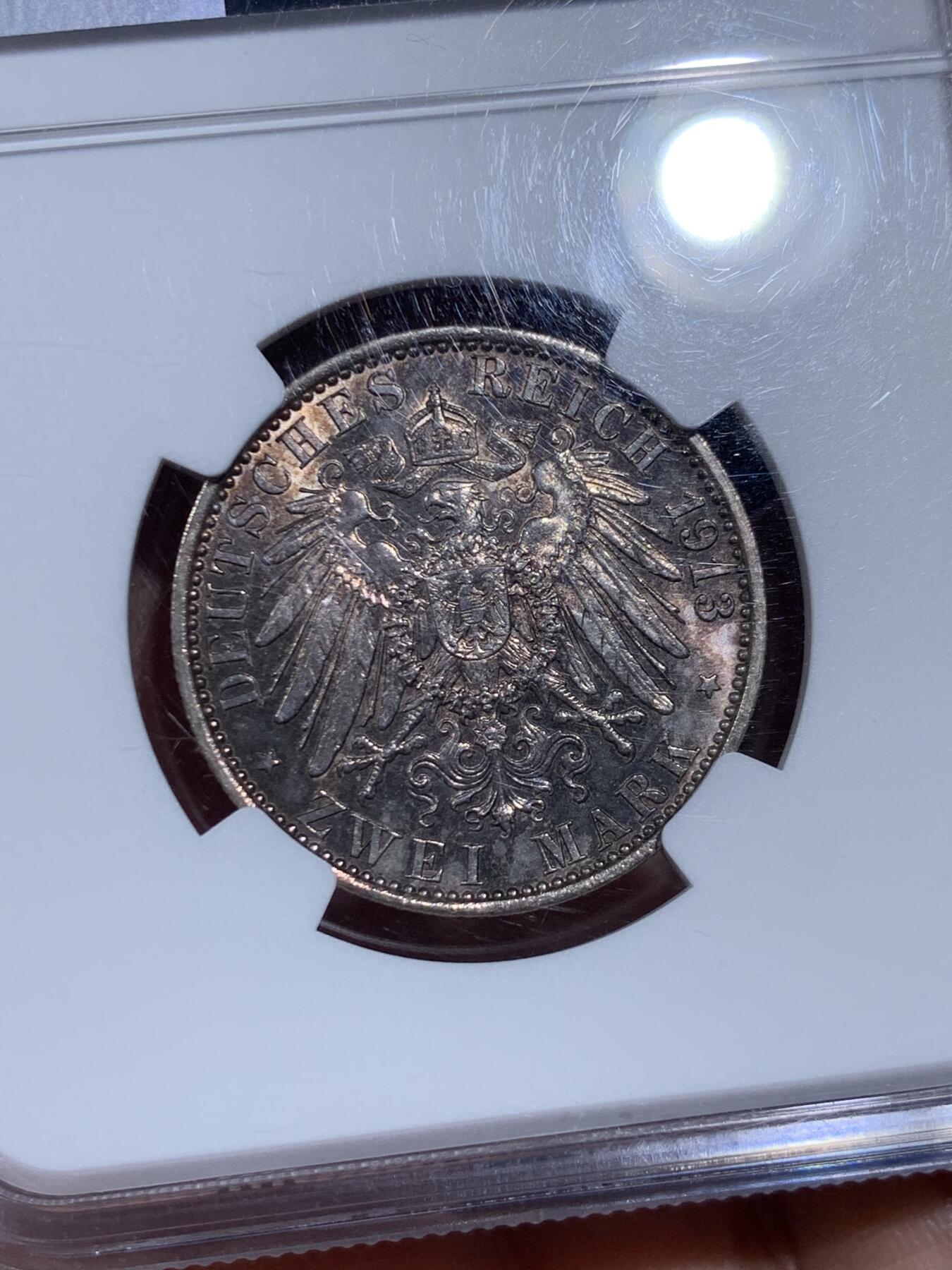 《竞宝斋》第474场 周日，周一 2场连拍 （全场包邮）欢迎送拍 NGC MS64 德国1913年普鲁士威廉二世执政25周年纪念2马克银币 高分