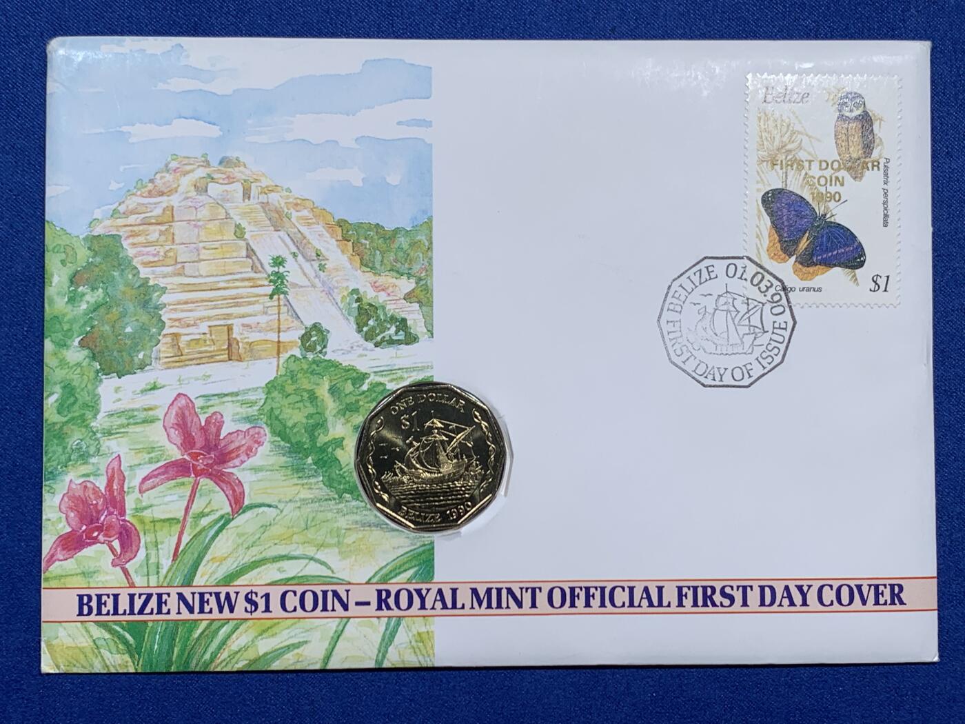 《竞宝斋》第474场 周日，周一 2场连拍 （全场包邮）欢迎送拍 伯利兹1990年帆船1元邮币封 皇家造币厂官方首日封