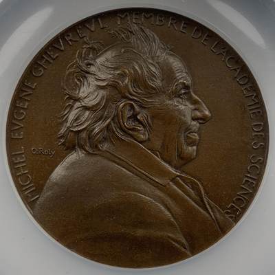 掌中浮雕-藏着的欧洲第056场 - NGC MS64 : 1886年法国化学家米歇尔·欧仁..谢弗勒尔大铜章，大师奥斯卡.罗蒂（0.Roty），68mm