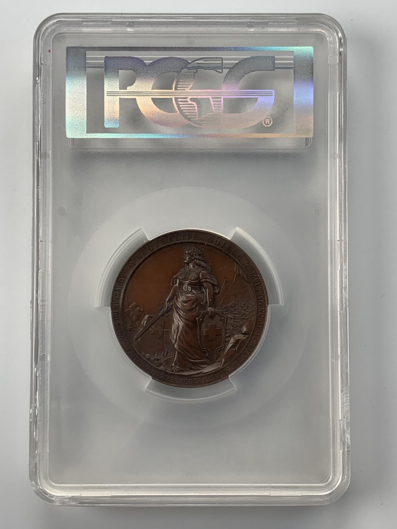 掌中浮雕-藏着的欧洲第056场 PCGS SP63 : 1871年瑞士联邦军在普法战争中保持中立，正面为汉斯·赫尔佐格将军头像 , 50mm