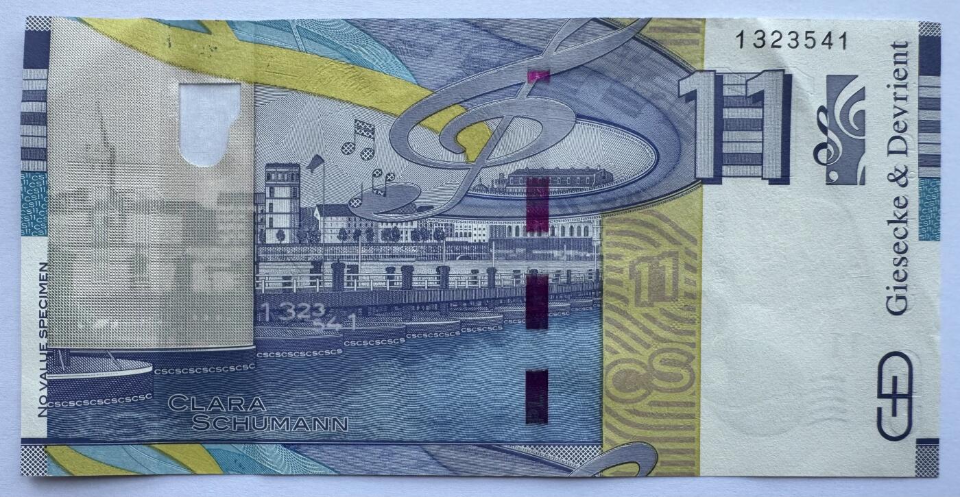 2026第5场（总第232期）：精品测试钞、外钞综合场 捷德G&D “钢琴家克拉拉”Varifeye窗口测试钞（左侧有压痕）