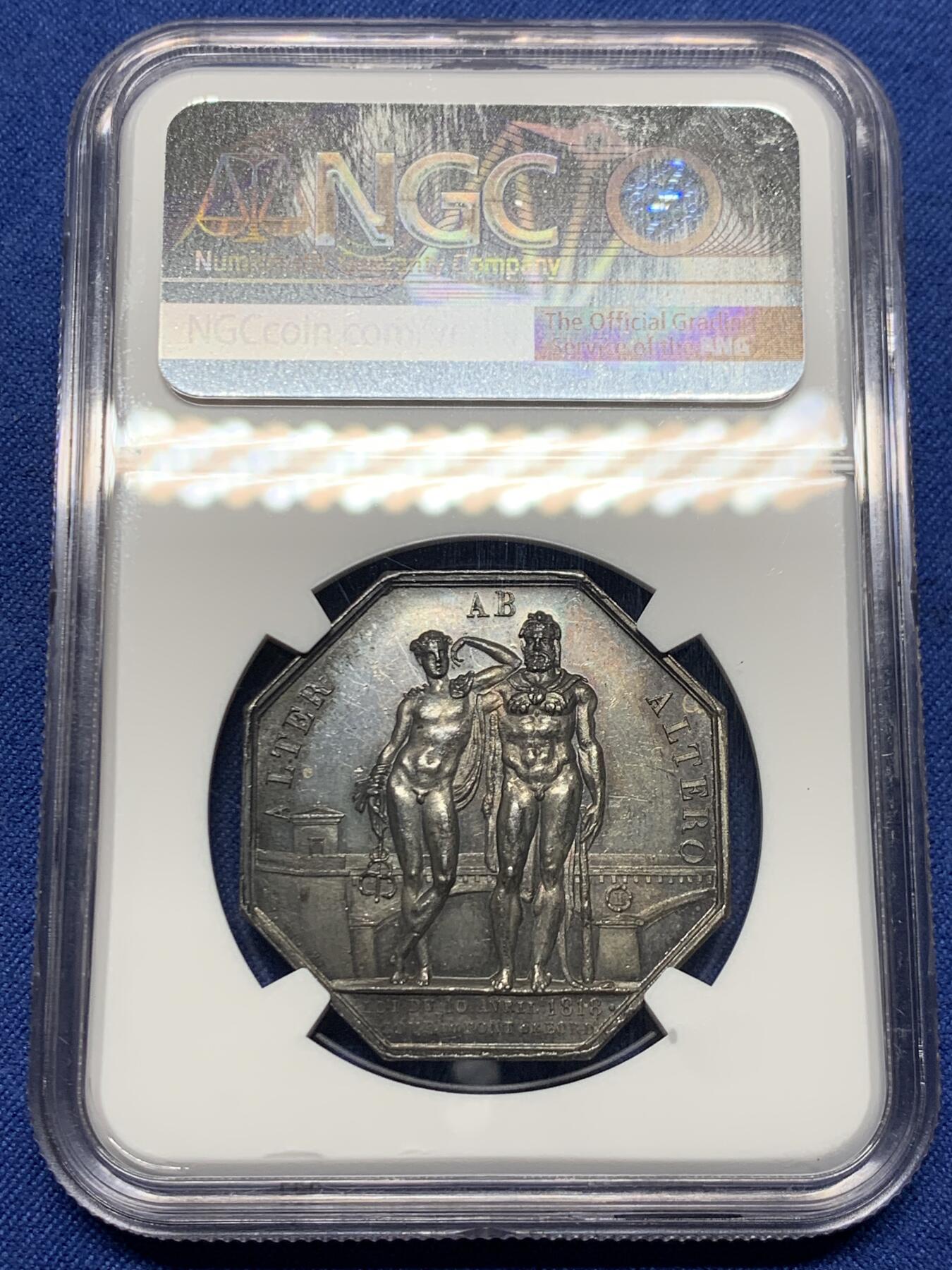 《竞宝斋》第474场 周日，周一 2场连拍 （全场包邮）欢迎送拍 NGC MS62 法国1819年波尔多八角银质代币，深彩包浆，手指边铭，稀少品。正面：路易十八侧面像，背面：以波尔多桥梁为背景，墨丘利与大力神