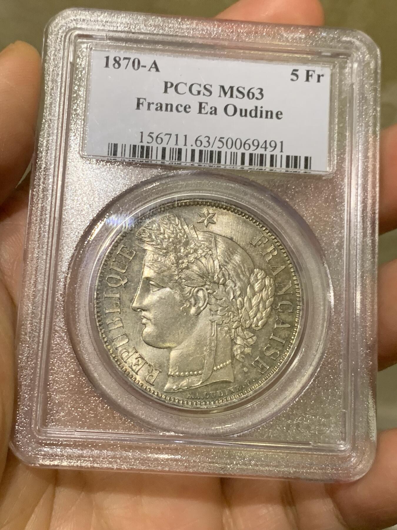 《竞宝斋》第474场 周日，周一 2场连拍 （全场包邮）欢迎送拍 PCGS MS63 法兰西第三共和国 1870A 谷物女神 5法郎 三共女神比二共少得多 此枚铸打精美 包浆老道 整体呈现灰黑色调