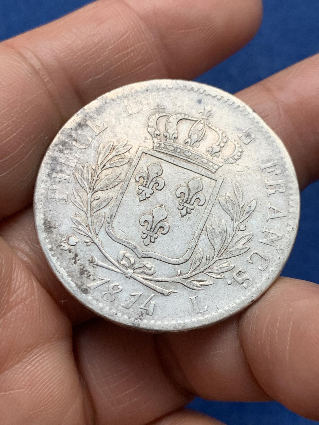 《竞宝斋》第474场 周日，周一 2场连拍 （全场包邮）欢迎送拍 法国1814年L版路易十八军装5法郎银币 巴约讷造币厂