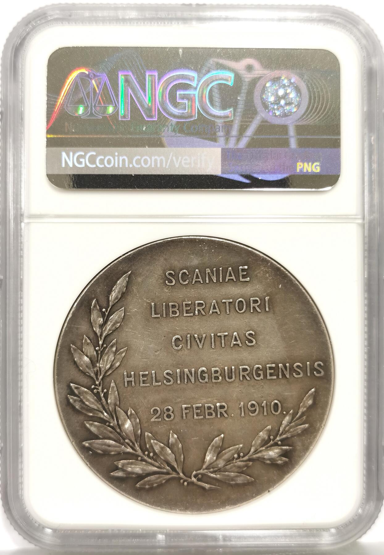 博洋堂“芳菲春韵”3月精品大拍专场暨第166期（全场包邮） NGC MS61 瑞典1910年赫尔辛堡战役200周年纪念银章，1710年2月28日爆发