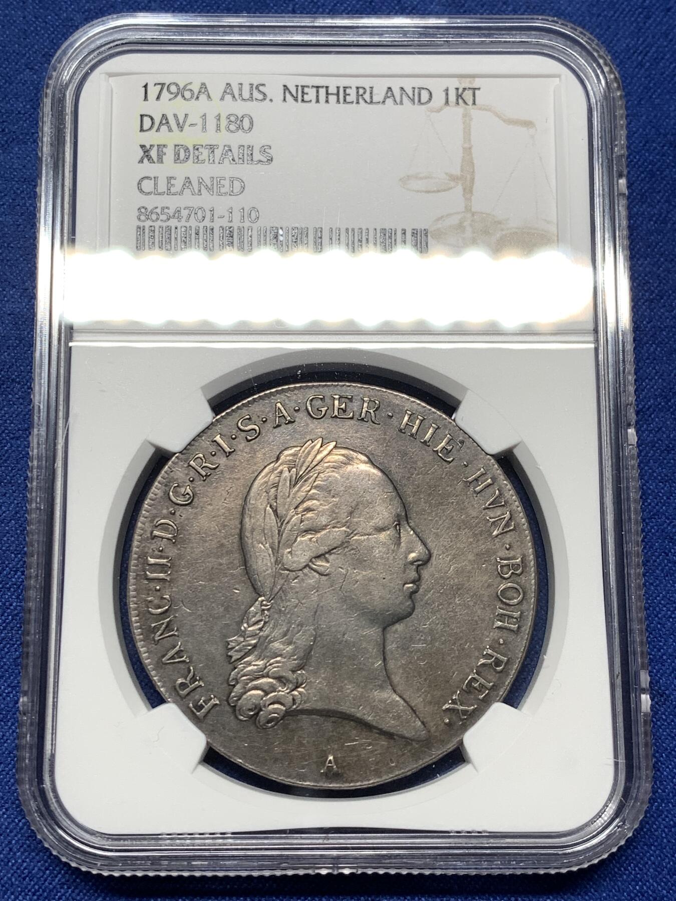 《竞宝斋》第474场 周日，周一 2场连拍 （全场包邮）欢迎送拍 NGC XFD 奥属尼德兰1796年弗朗茨二世1KT大银币