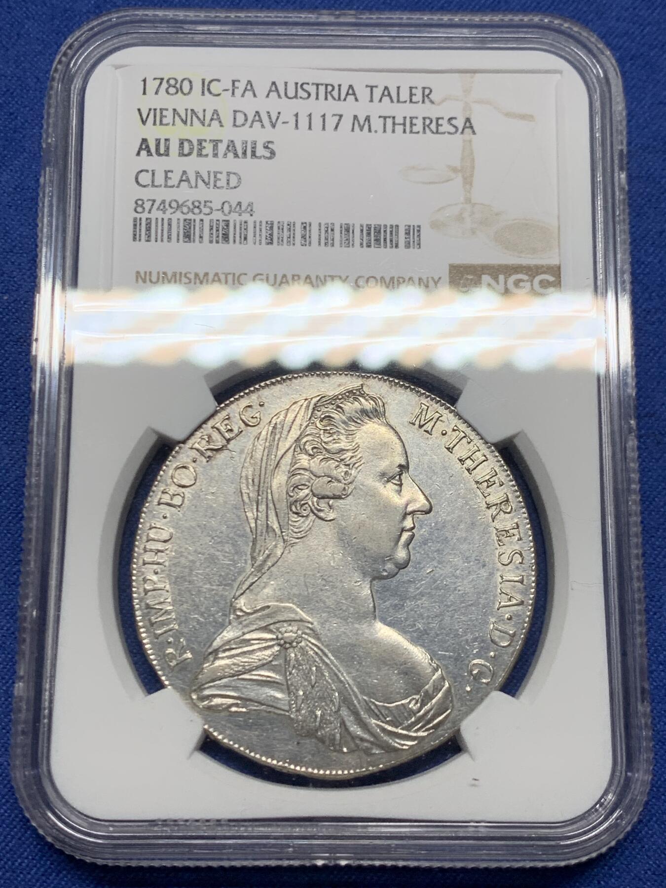 《竞宝斋》第474场 周日，周一 2场连拍 （全场包邮）欢迎送拍 NGC AU 1780原铸IC FA大奶妈，维也纳厂H15稀少版别，皇冠9珍珠，麦稀奇首见